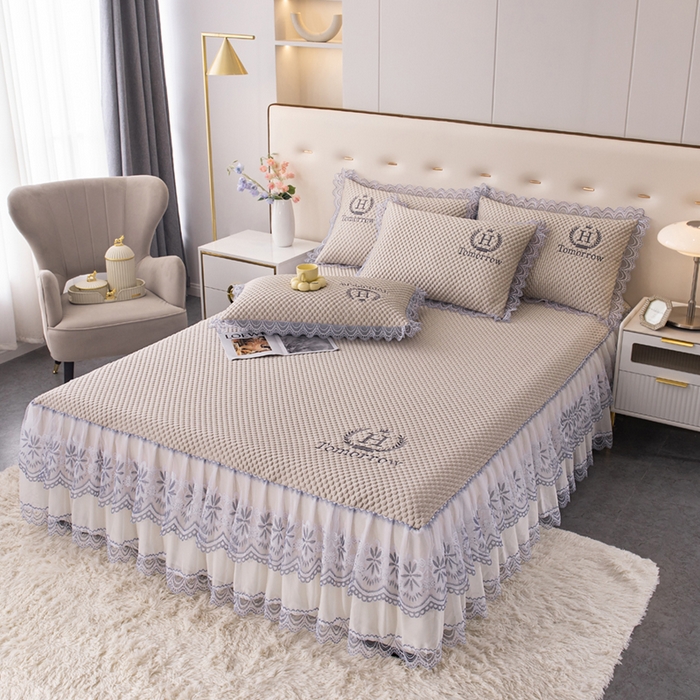 91家纺网 家纺一手货源 找家纺 优姿家纺 2025新款500克冰豆豆床裙凉席三件套 奶油咖