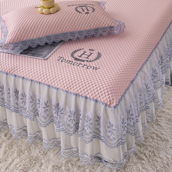 91家纺网 家纺一手货源 找家纺 优姿家纺 2025新款500克冰豆豆床裙凉席三件套 公主粉