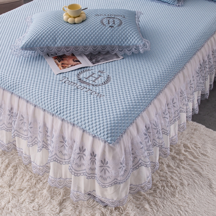 91家纺网 家纺一手货源 找家纺 优姿家纺 2025新款500克冰豆豆床裙凉席三件套 天空蓝