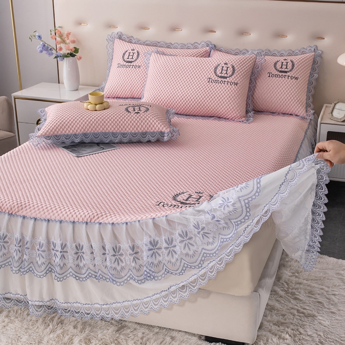 91家纺网 家纺一手货源 找家纺 优姿家纺 2025新款500克冰豆豆床裙凉席三件套 公主粉