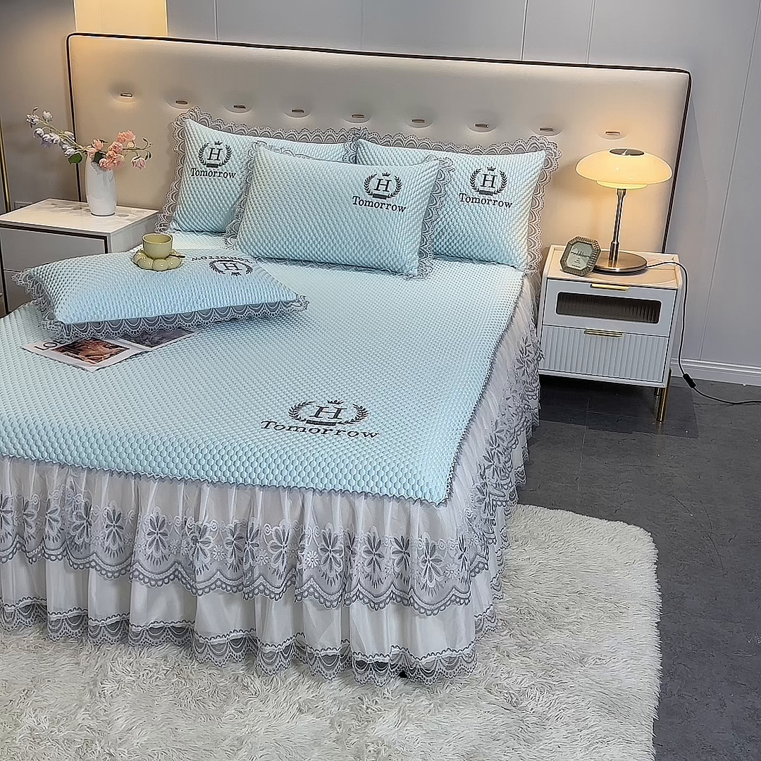 91家纺网 家纺一手货源 找家纺 优姿家纺 2025新款500克冰豆豆床裙凉席三件套 冰川蓝