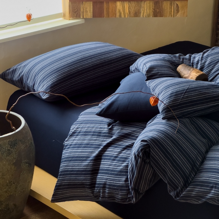 91家纺网 家纺一手货源 找家纺 对白 2026春夏新款专版全棉纯棉色织水洗棉四件套-极繁主义系列 极繁主义-藏青条纹+藏青