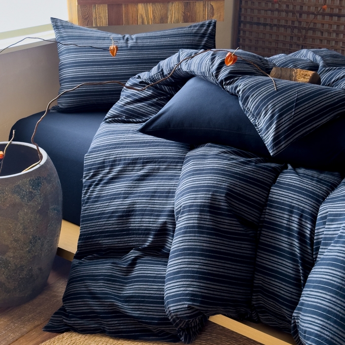 91家纺网 家纺一手货源 找家纺 对白 2026春夏新款专版全棉纯棉色织水洗棉四件套-极繁主义系列 极繁主义-藏青条纹+藏青