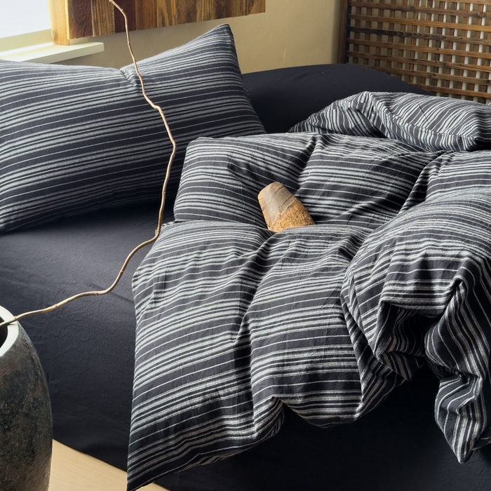 91家纺网 家纺一手货源 找家纺 对白 2026春夏新款专版全棉纯棉色织水洗棉四件套-极繁主义系列 极繁主义-黑条纹+黑