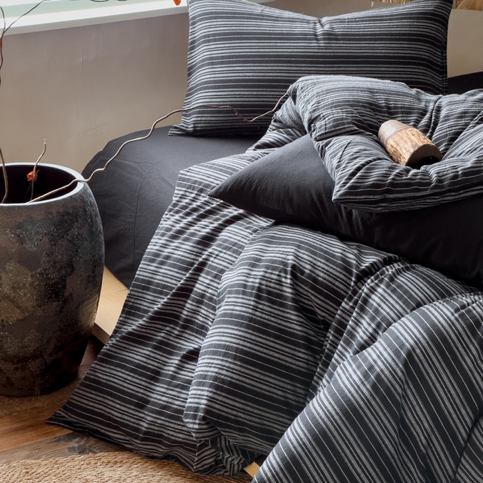 91家纺网 家纺一手货源 找家纺 对白 2026春夏新款专版全棉纯棉色织水洗棉四件套-极繁主义系列 极繁主义-黑条纹+黑
