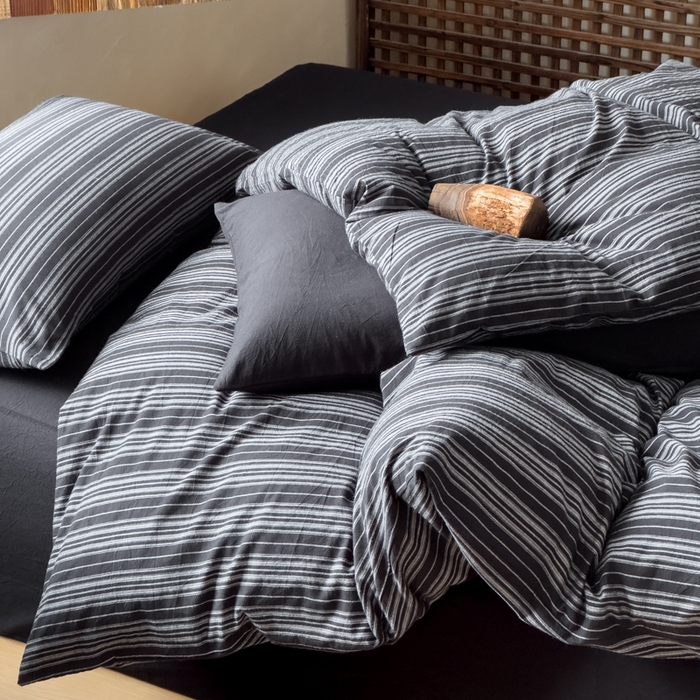 91家纺网 家纺一手货源 找家纺 对白 2026春夏新款专版全棉纯棉色织水洗棉四件套-极繁主义系列 极繁主义-黑条纹+黑