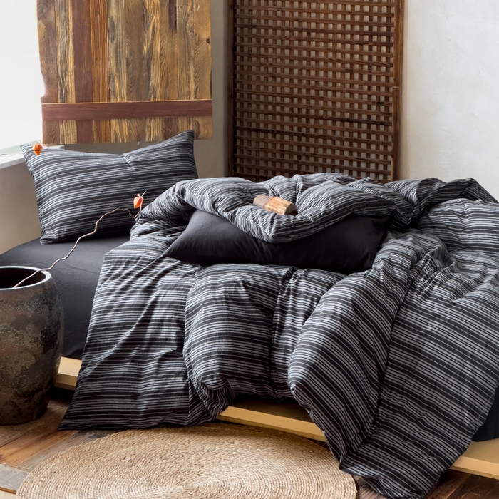 91家纺网 家纺一手货源 找家纺 对白 2026春夏新款专版全棉纯棉色织水洗棉四件套-极繁主义系列 极繁主义-黑条纹+黑