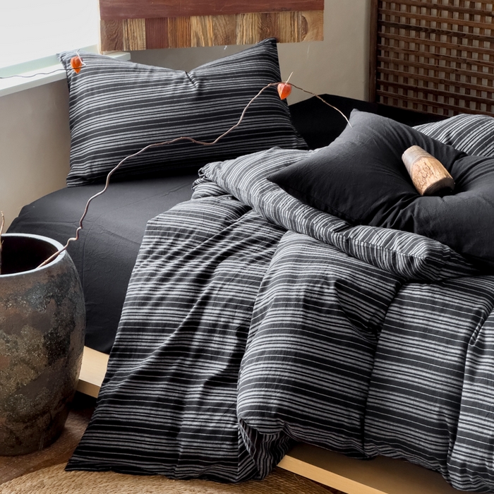 91家纺网 家纺一手货源 找家纺 对白 2026春夏新款专版全棉纯棉色织水洗棉四件套-极繁主义系列 极繁主义-黑条纹+黑