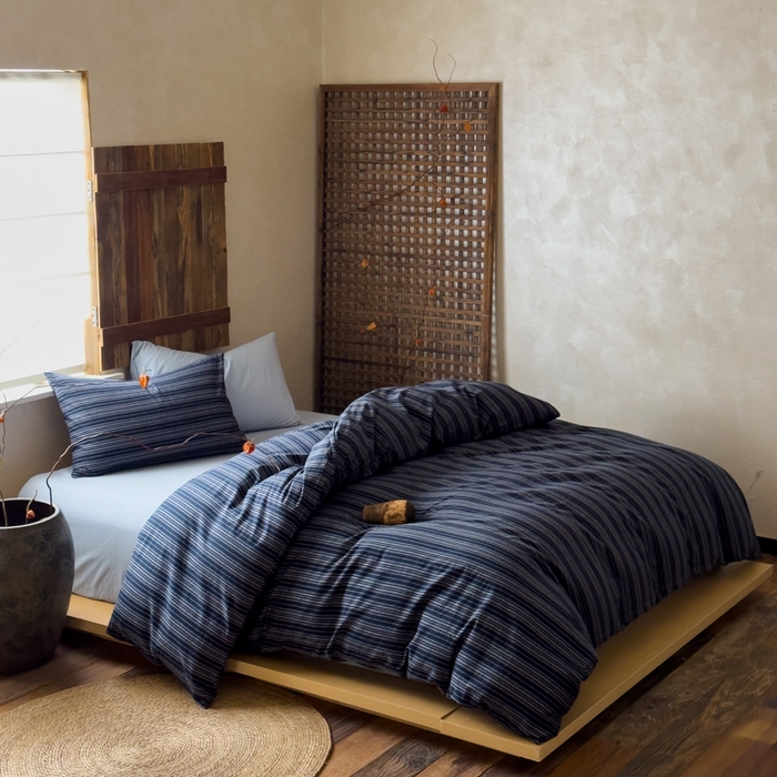 91家纺网 家纺一手货源 找家纺 对白 2026春夏新款专版全棉纯棉色织水洗棉四件套-极繁主义系列 极繁主义-藏青条纹+海蓝