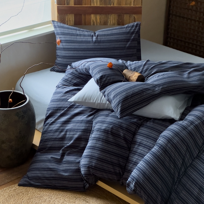 91家纺网 家纺一手货源 找家纺 对白 2026春夏新款专版全棉纯棉色织水洗棉四件套-极繁主义系列 极繁主义-藏青条纹+海蓝