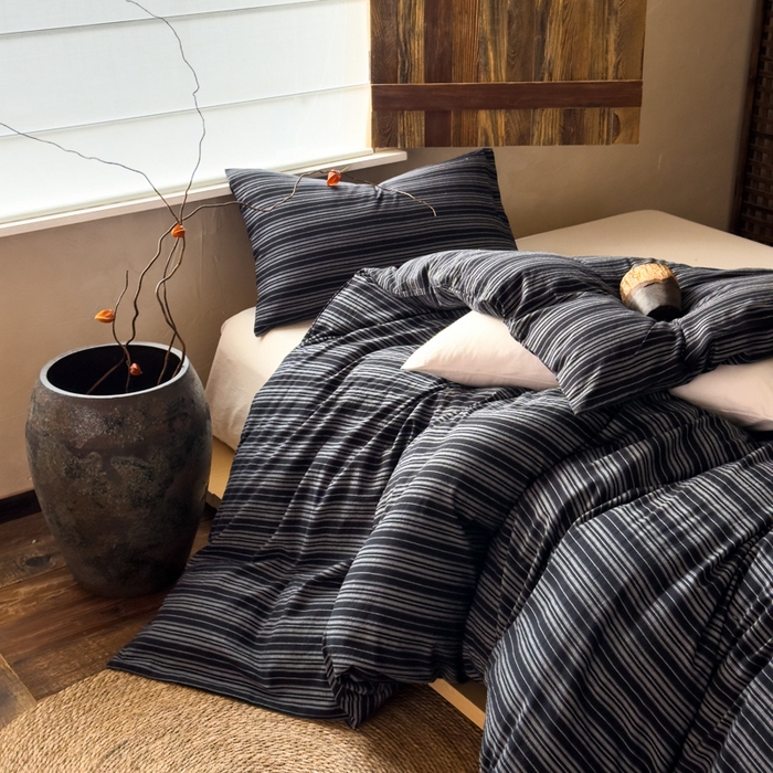 91家纺网 家纺一手货源 找家纺 对白 2026春夏新款专版全棉纯棉色织水洗棉四件套-极繁主义系列 极繁主义-黑条纹+白