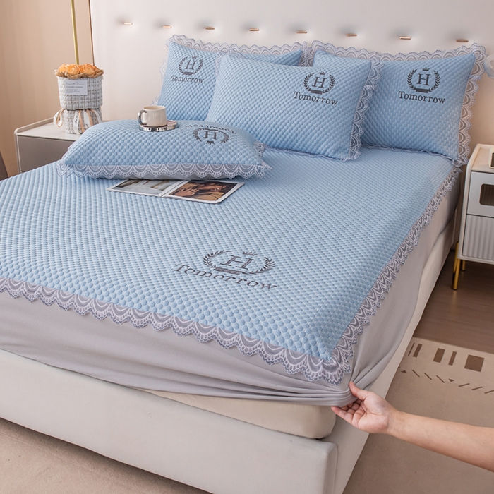 优姿家纺 2025新款500克豆豆席子凉席床笠款三件套 天空蓝