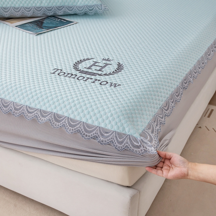 91家纺网 家纺一手货源 找家纺 优姿家纺 2025新款500克豆豆席子凉席床笠款三件套 冰川蓝