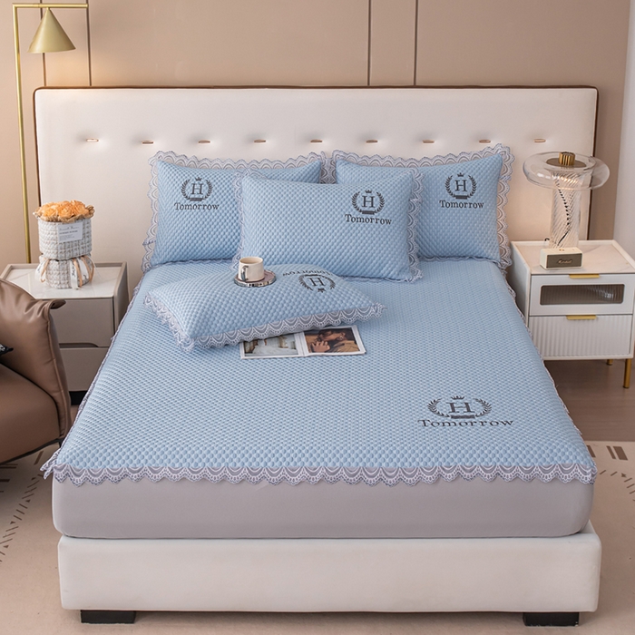 91家纺网 家纺一手货源 找家纺 优姿家纺 2025新款500克豆豆席子凉席床笠款三件套 天空蓝