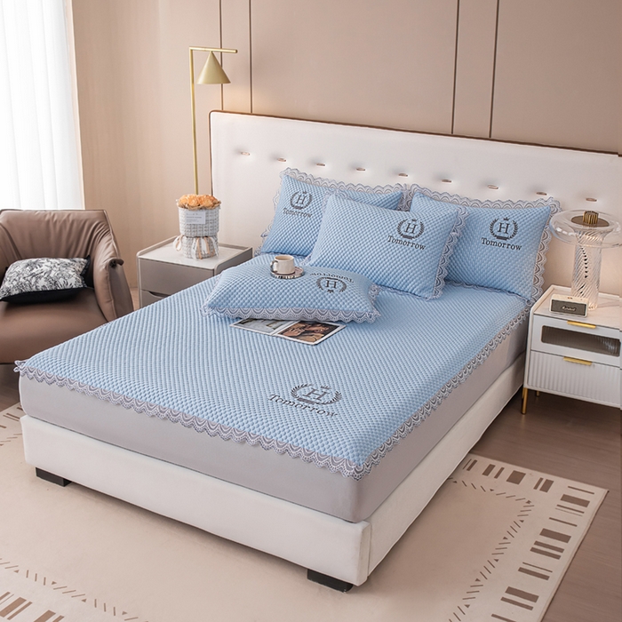 91家纺网 家纺一手货源 找家纺 优姿家纺 2025新款500克豆豆席子凉席床笠款三件套 天空蓝