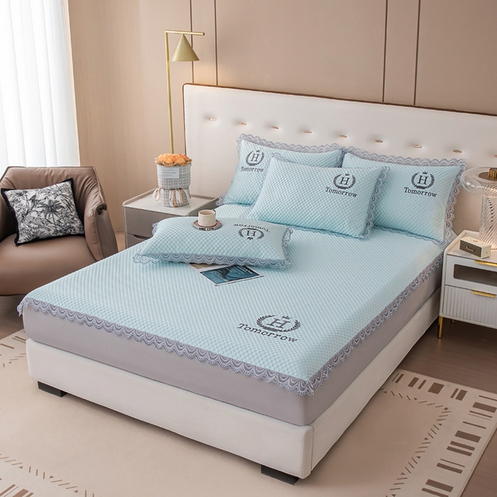 91家纺网 家纺一手货源 找家纺 优姿家纺 2025新款500克豆豆席子凉席床笠款三件套 冰川蓝