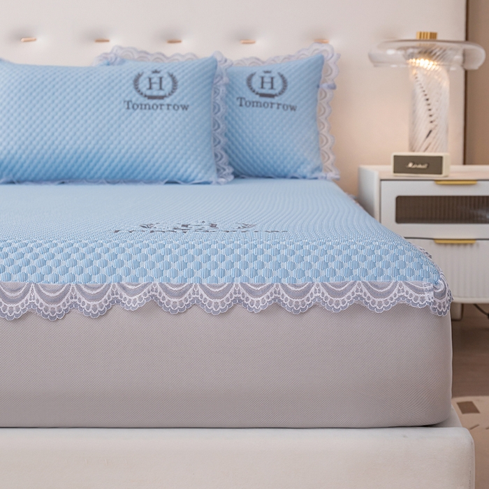 91家纺网 家纺一手货源 找家纺 优姿家纺 2025新款500克豆豆席子凉席床笠款三件套 天空蓝