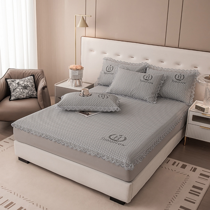 91家纺网 家纺一手货源 找家纺 优姿家纺 2025新款500克豆豆席子凉席床笠款三件套 高级灰