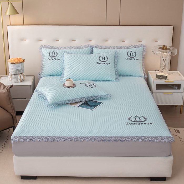 91家纺网 家纺一手货源 找家纺 优姿家纺 2025新款500克豆豆席子凉席床笠款三件套 冰川蓝