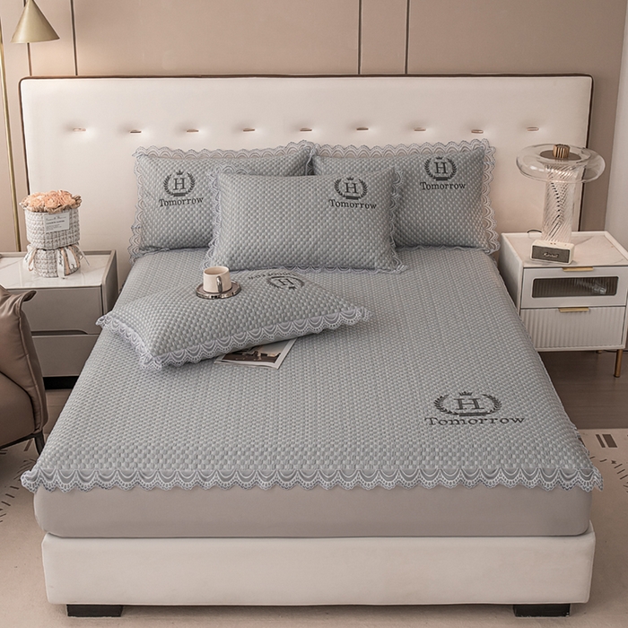 91家纺网 家纺一手货源 找家纺 优姿家纺 2025新款500克豆豆席子凉席床笠款三件套 高级灰