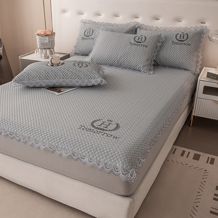 91家纺网 家纺一手货源 找家纺 优姿家纺 2025新款500克豆豆席子凉席床笠款三件套 高级灰