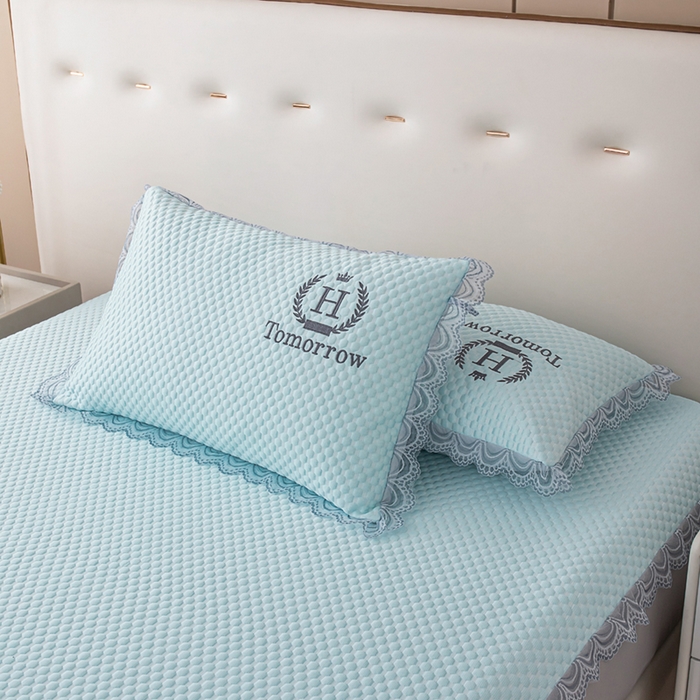 91家纺网 家纺一手货源 找家纺 优姿家纺 2025新款500克豆豆席子凉席床笠款三件套 冰川蓝