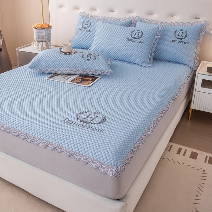 91家纺网 家纺一手货源 找家纺 优姿家纺 2025新款500克豆豆席子凉席床笠款三件套 天空蓝