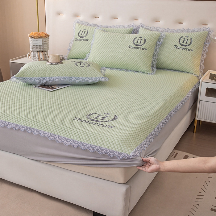 优姿家纺 2025新款500克豆豆席子凉席床笠款三件套 青春绿