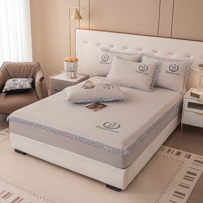 91家纺网 家纺一手货源 找家纺 优姿家纺 2025新款500克豆豆席子凉席床笠款三件套 奶油咖