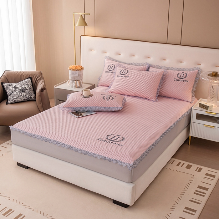 91家纺网 家纺一手货源 找家纺 优姿家纺 2025新款500克豆豆席子凉席床笠款三件套 公主粉