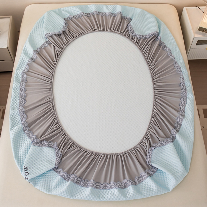 91家纺网 家纺一手货源 找家纺 优姿家纺 2025新款500克豆豆席子凉席床笠款三件套 冰川蓝