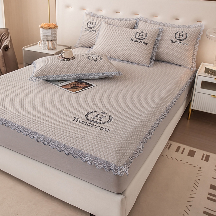 91家纺网 家纺一手货源 找家纺 优姿家纺 2025新款500克豆豆席子凉席床笠款三件套 奶油咖