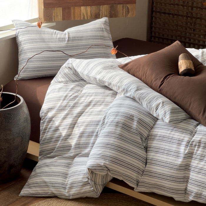 91家纺网 家纺一手货源 找家纺 对白 2026春夏新款专版全棉纯棉色织水洗棉四件套-极繁主义系列 极繁主义-白条纹+摩卡