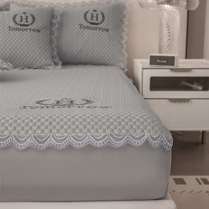 91家纺网 家纺一手货源 找家纺 优姿家纺 2025新款500克豆豆席子凉席床笠款三件套 高级灰