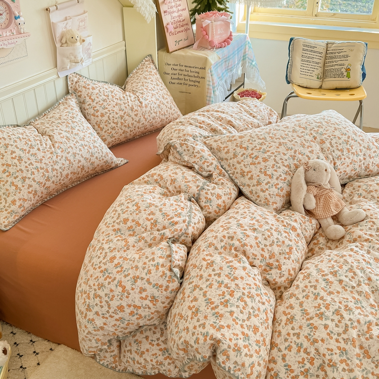 91家纺网 家纺一手货源 找家纺 金丝鸟家纺 2026新款全棉纯棉双层纱贝壳边款四件套 暖暖花谱