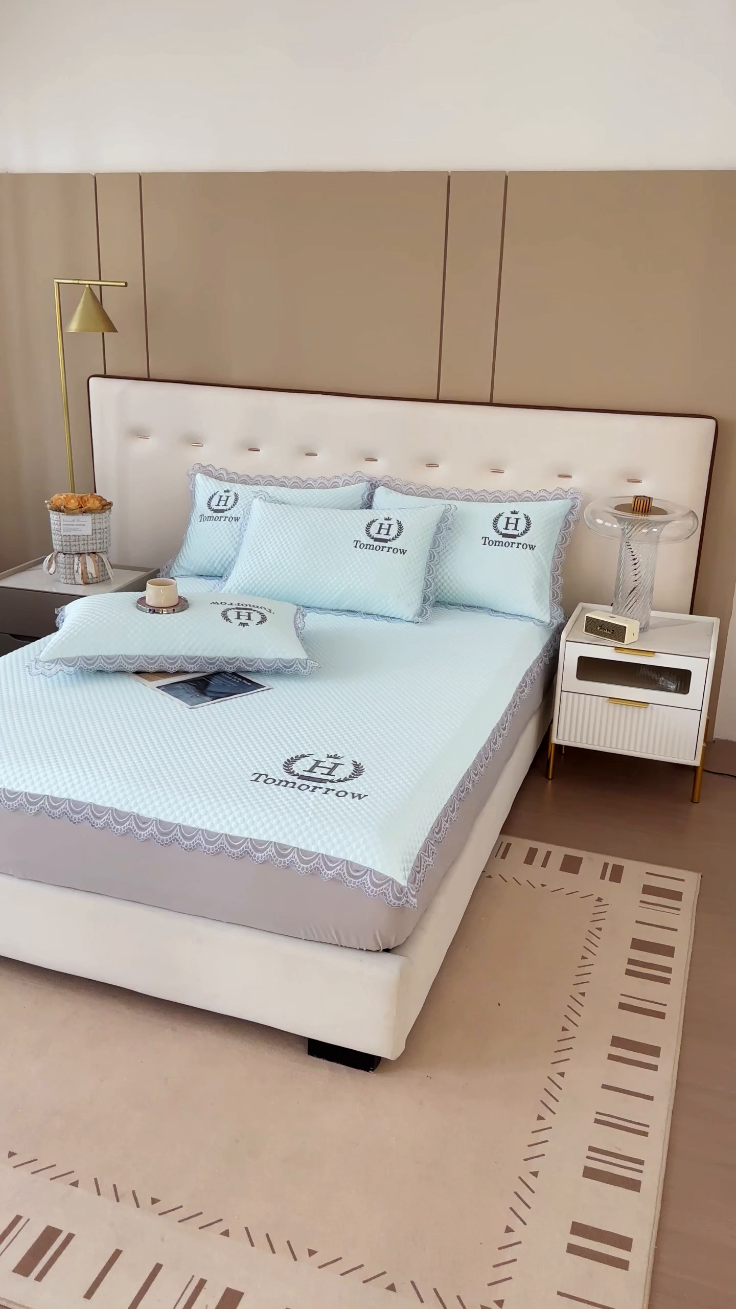 91家纺网 家纺一手货源 找家纺 优姿家纺 2025新款500克豆豆席子凉席床笠款三件套 冰川蓝