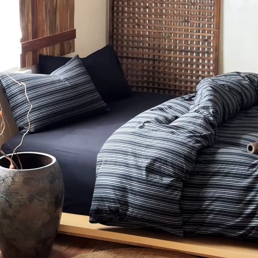 91家纺网 家纺一手货源 找家纺 对白 2026春夏新款专版全棉纯棉色织水洗棉四件套-极繁主义系列 极繁主义-黑条纹+黑