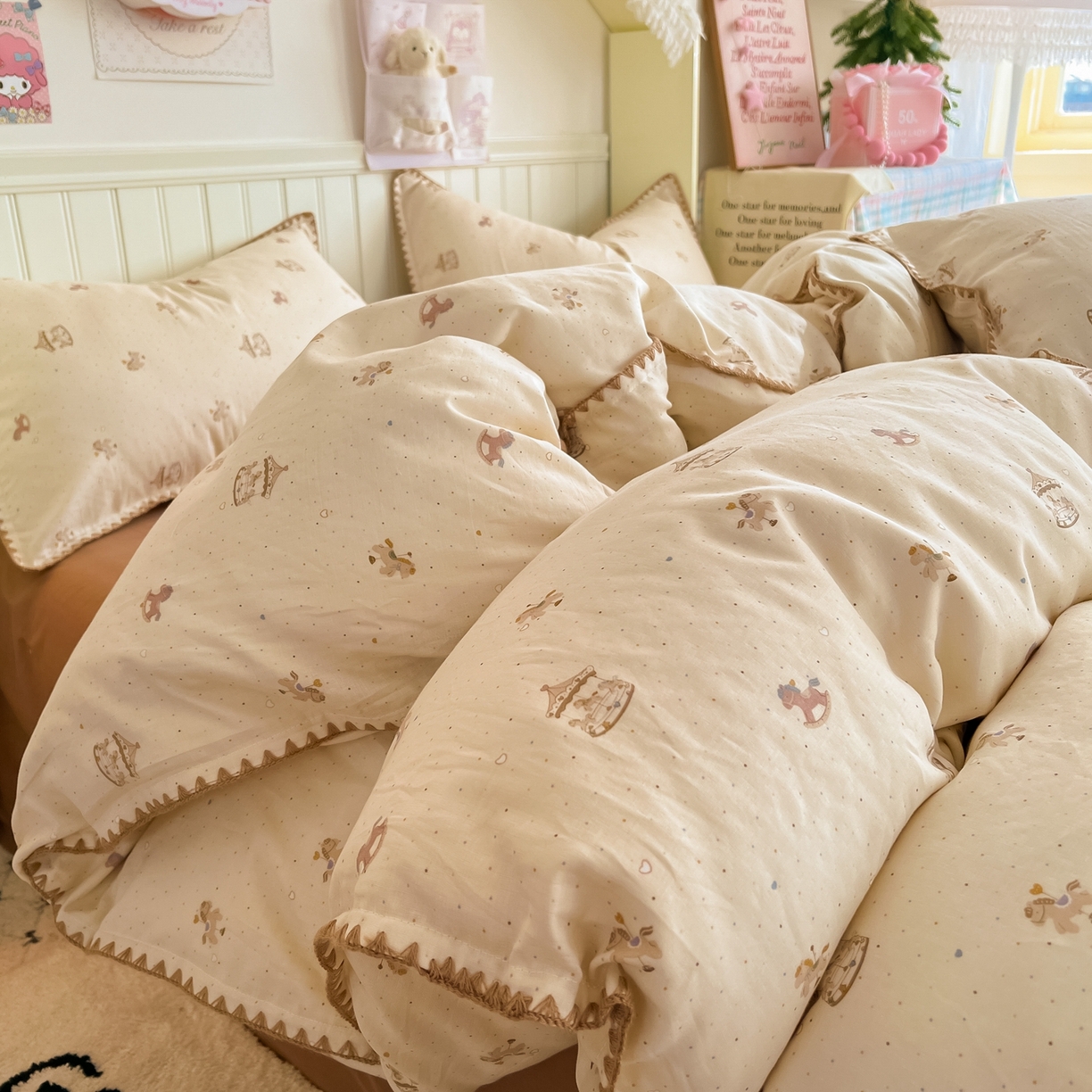 金丝鸟家纺 2026新款全棉纯棉双层纱贝壳边款四件套 时光木马