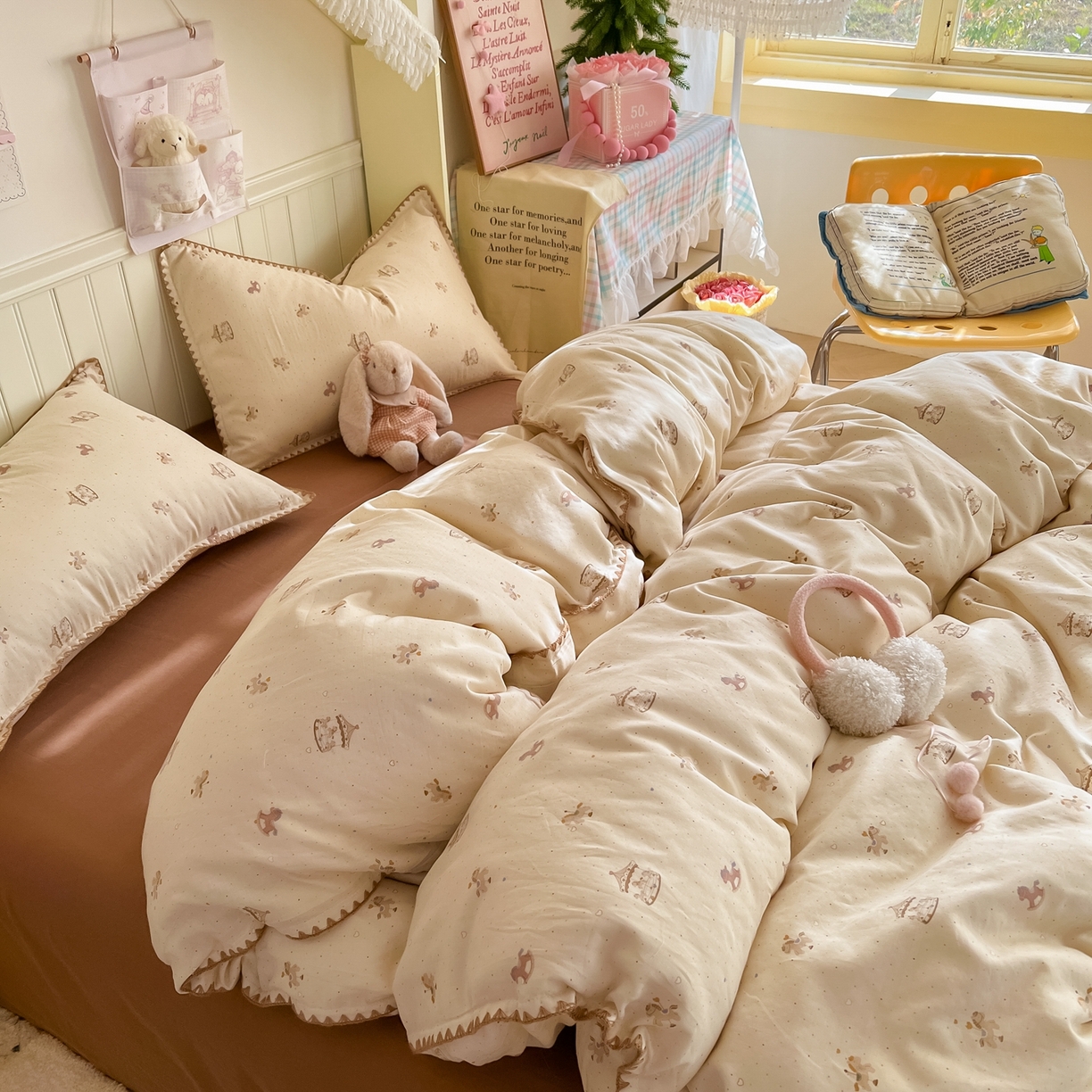 91家纺网 家纺一手货源 找家纺 金丝鸟家纺 2026新款全棉纯棉双层纱贝壳边款四件套 时光木马