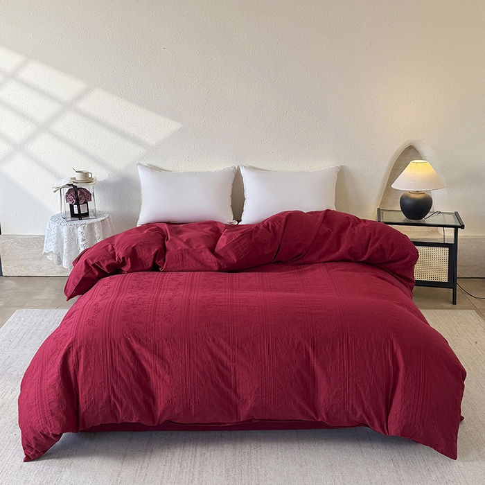 宜家坊 2026新款全棉60S长绒棉立体厚织提花单被套 沁香-大红