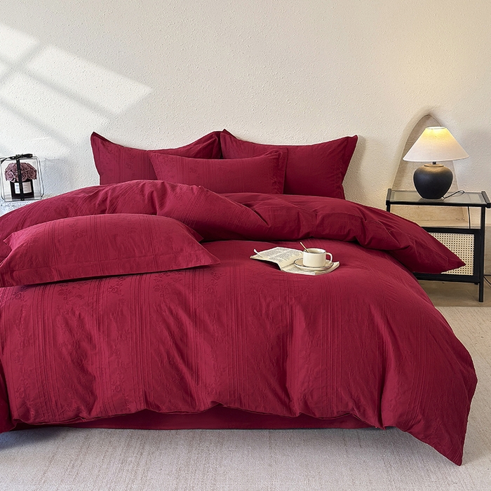 91家纺网 家纺一手货源 找家纺 宜家坊 2026新款全棉60S长绒棉立体厚织提花单被套 沁香-大红