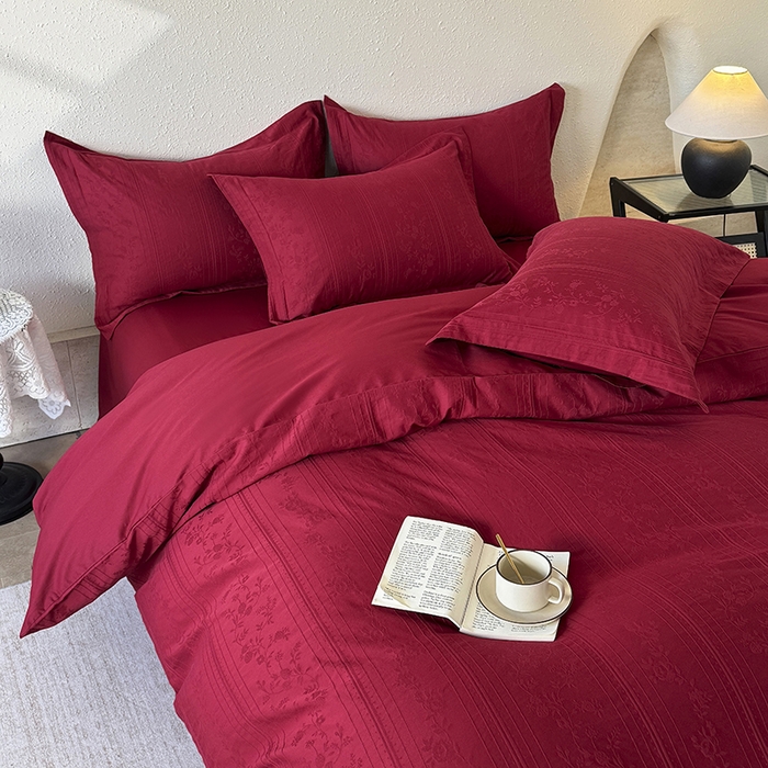 91家纺网 家纺一手货源 找家纺 宜家坊 2026新款全棉60S长绒棉立体厚织提花单被套 沁香-大红