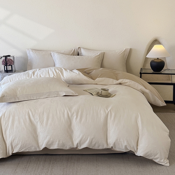 91家纺网 家纺一手货源 找家纺 宜家坊 2026新款全棉60S长绒棉立体厚织提花单被套 腰果-米杏