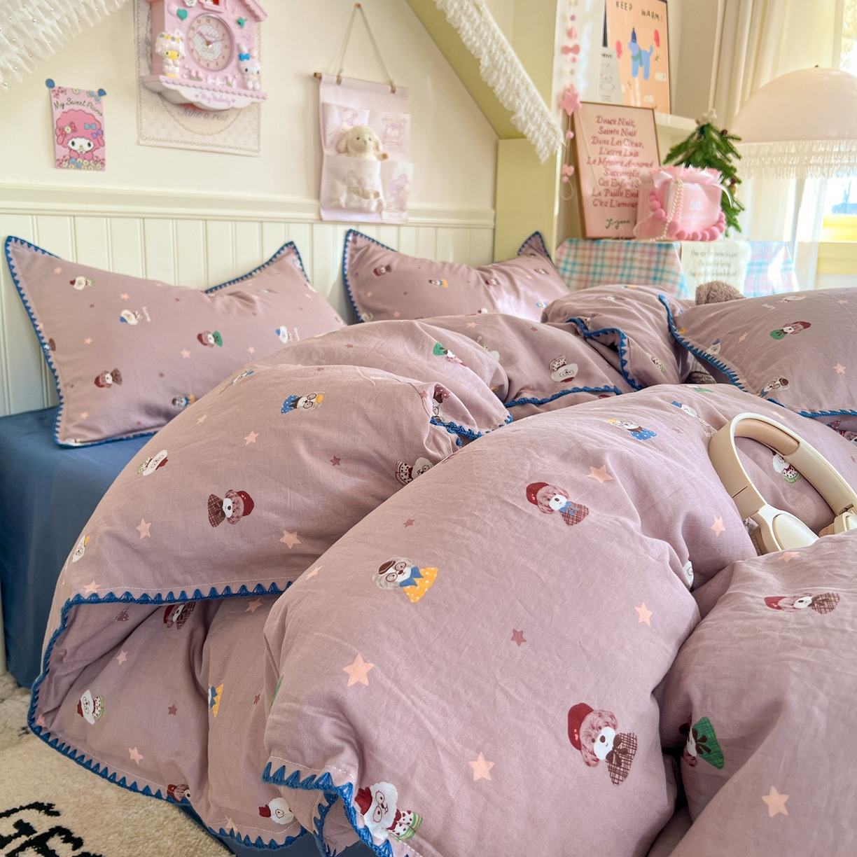 金丝鸟家纺 2026新款全棉纯棉双层纱贝壳边款四件套 眼睛家族 豆沙