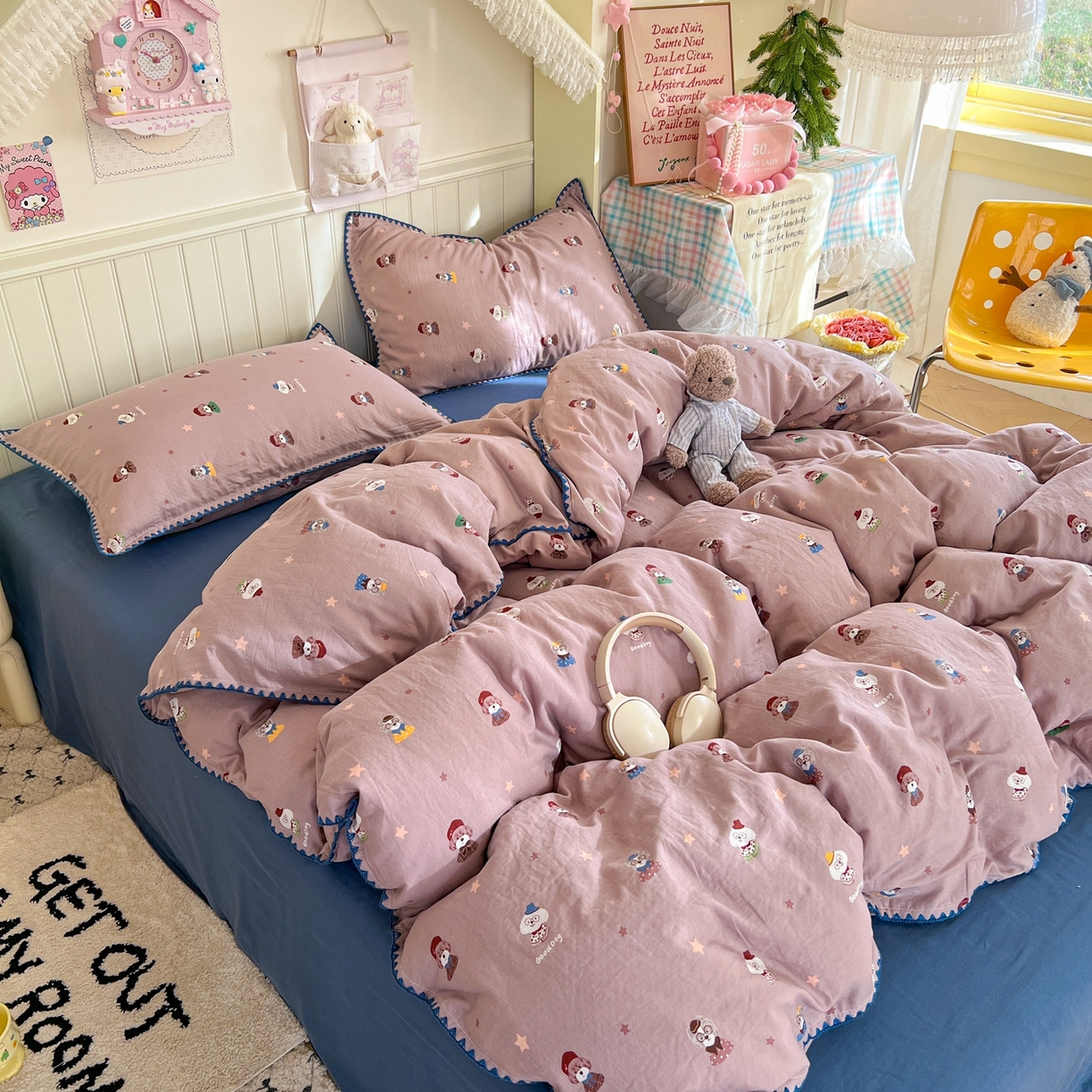 91家纺网 家纺一手货源 找家纺 金丝鸟家纺 2026新款全棉纯棉双层纱贝壳边款四件套 眼睛家族 豆沙