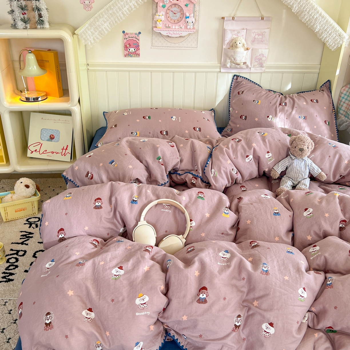 91家纺网 家纺一手货源 找家纺 金丝鸟家纺 2026新款全棉纯棉双层纱贝壳边款四件套 眼睛家族 豆沙