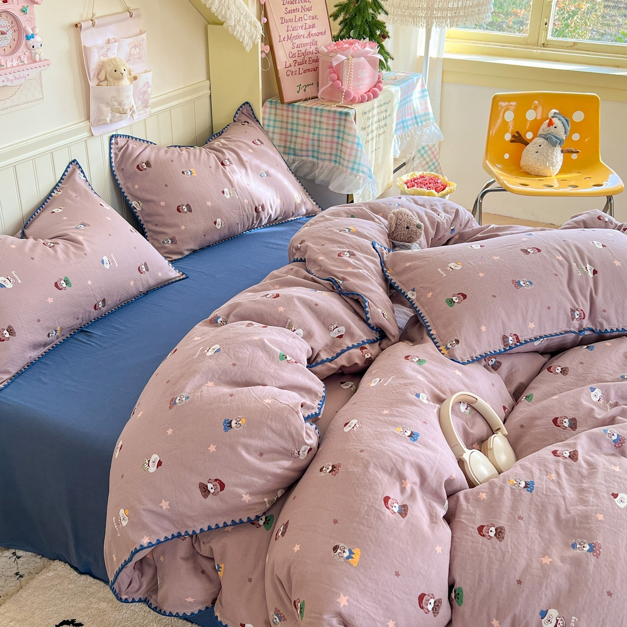 91家纺网 家纺一手货源 找家纺 金丝鸟家纺 2026新款全棉纯棉双层纱贝壳边款四件套 眼睛家族 豆沙