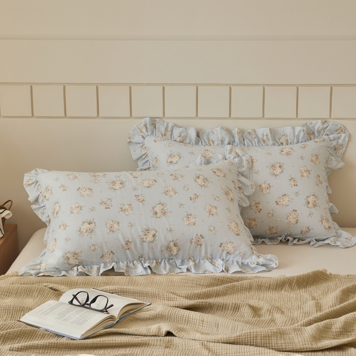 百寐 2026全棉双层纱A类纯棉纱布花边加大50*80枕套48*74/40*60枕芯保护套 夏日微醺