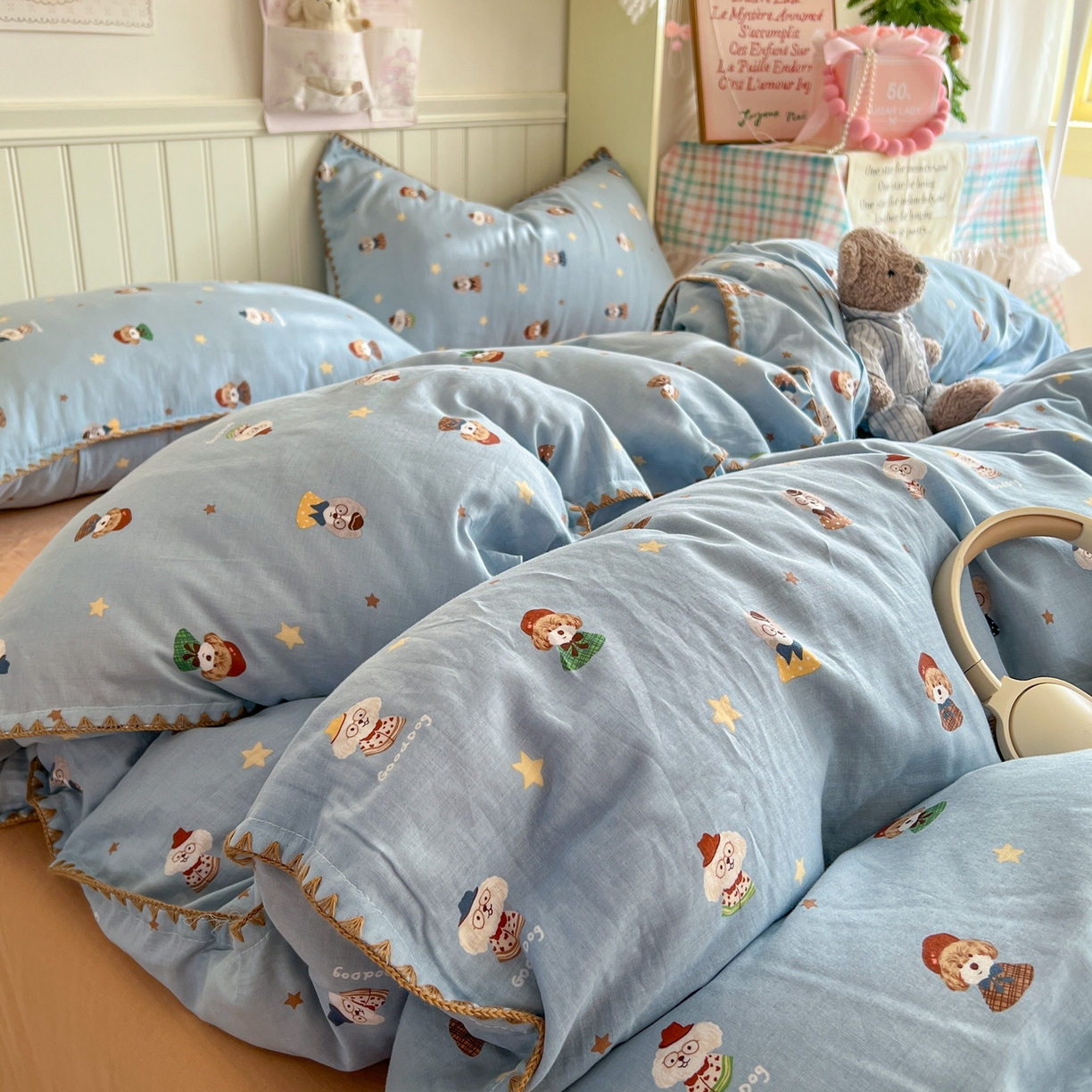 91家纺网 家纺一手货源 找家纺 金丝鸟家纺 2026新款全棉纯棉双层纱贝壳边款四件套 眼睛家族 蓝