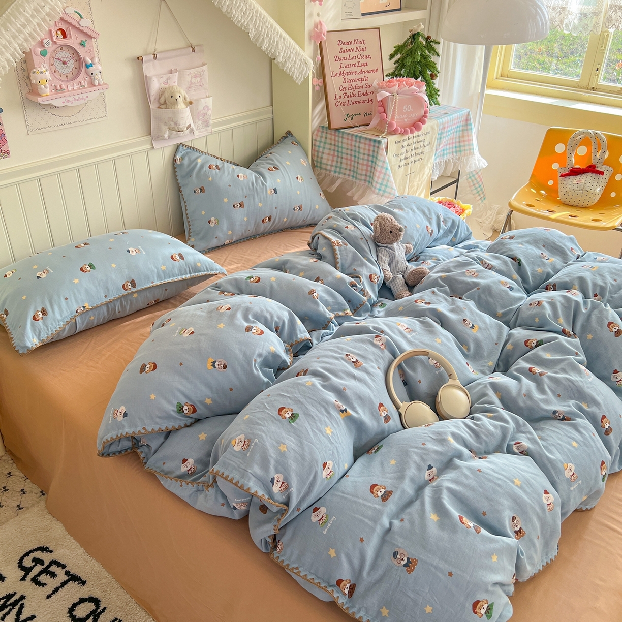 91家纺网 家纺一手货源 找家纺 金丝鸟家纺 2026新款全棉纯棉双层纱贝壳边款四件套 眼睛家族 蓝